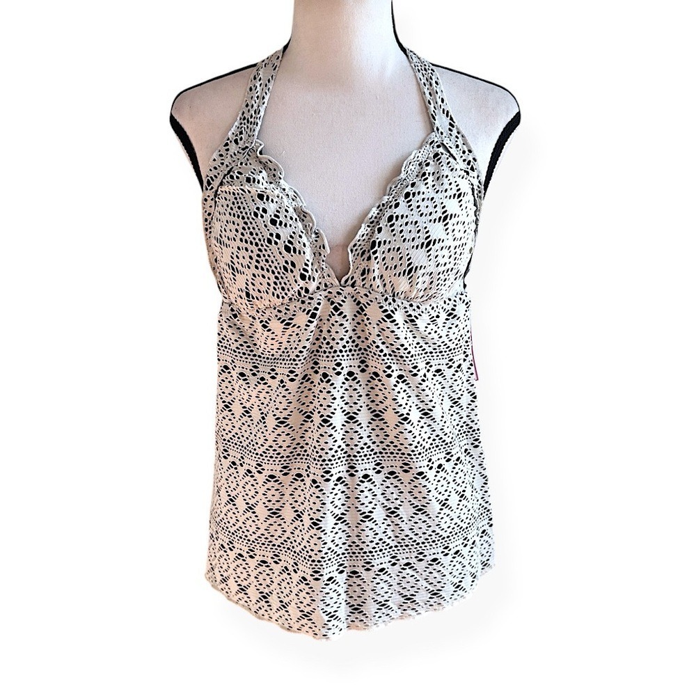 3/$20 💥 Bisou Bisou Swimsuit Tankini Top Halter Neckline Neutral Lace Ruffle